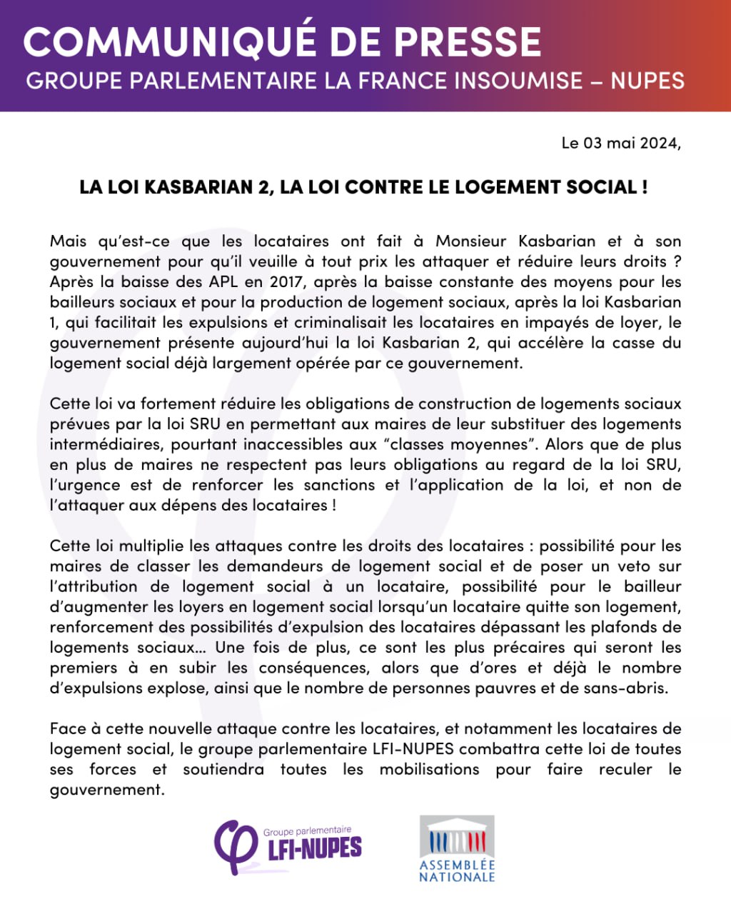 Communiqué: La loi Kasbarian 2, la loi contre le logement social!
