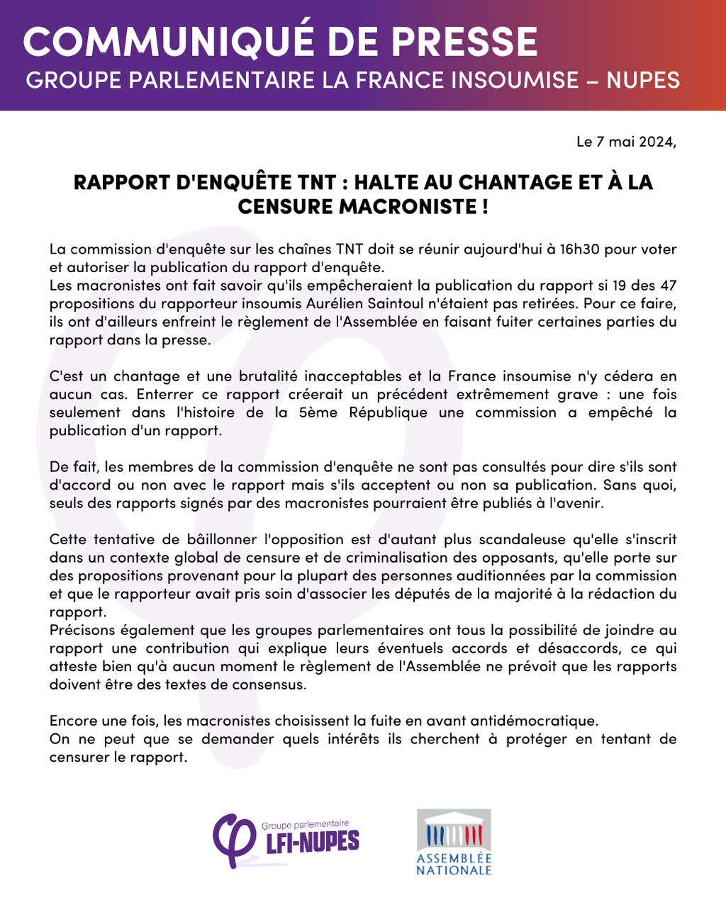 Communiqué: Rapport d&rsquo;enquête TNT : halte au chantage et à la censure macroniste