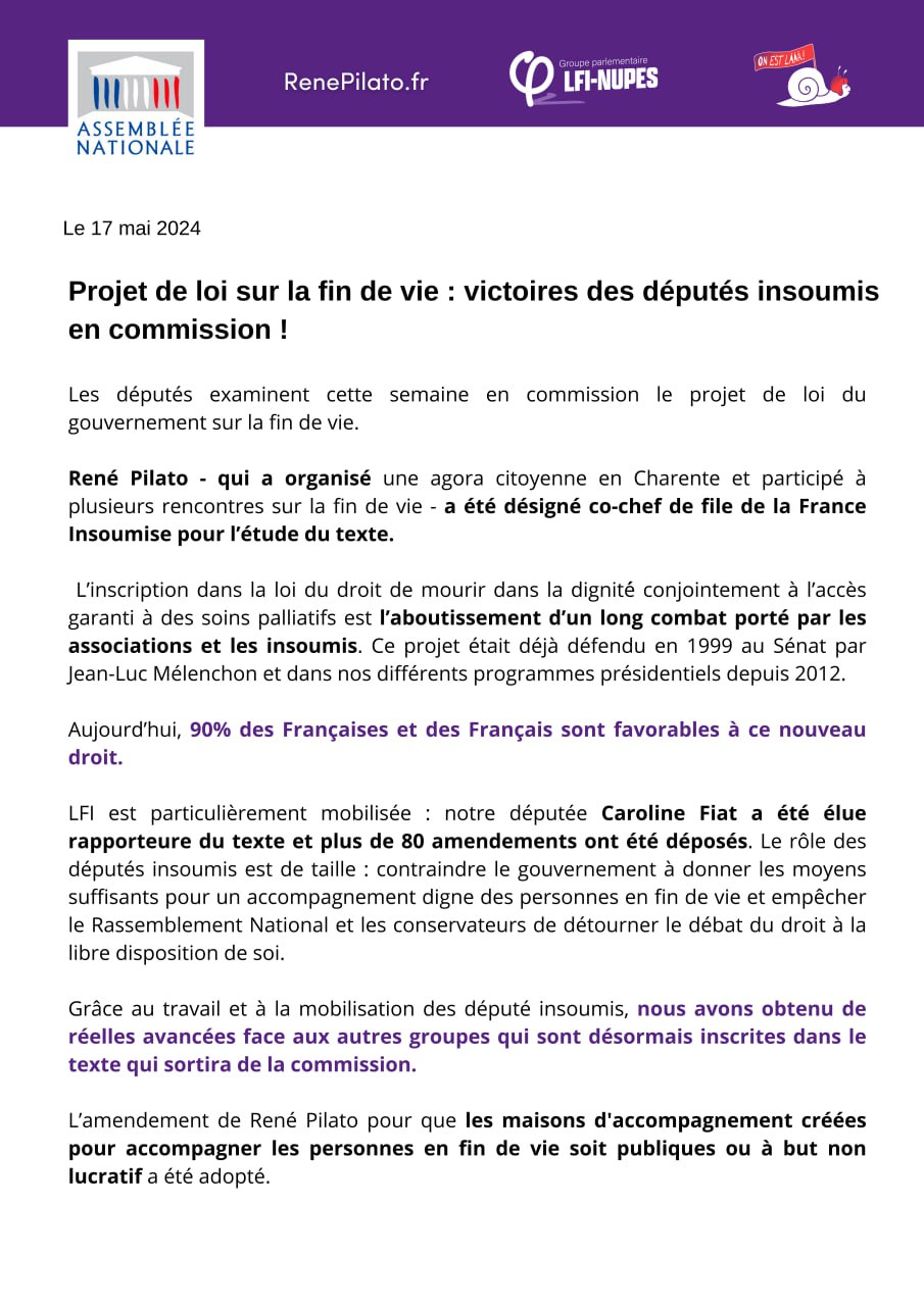 Communiqué: Projet de loi sur la fin de vie: victoire des députés insoumis en commission!