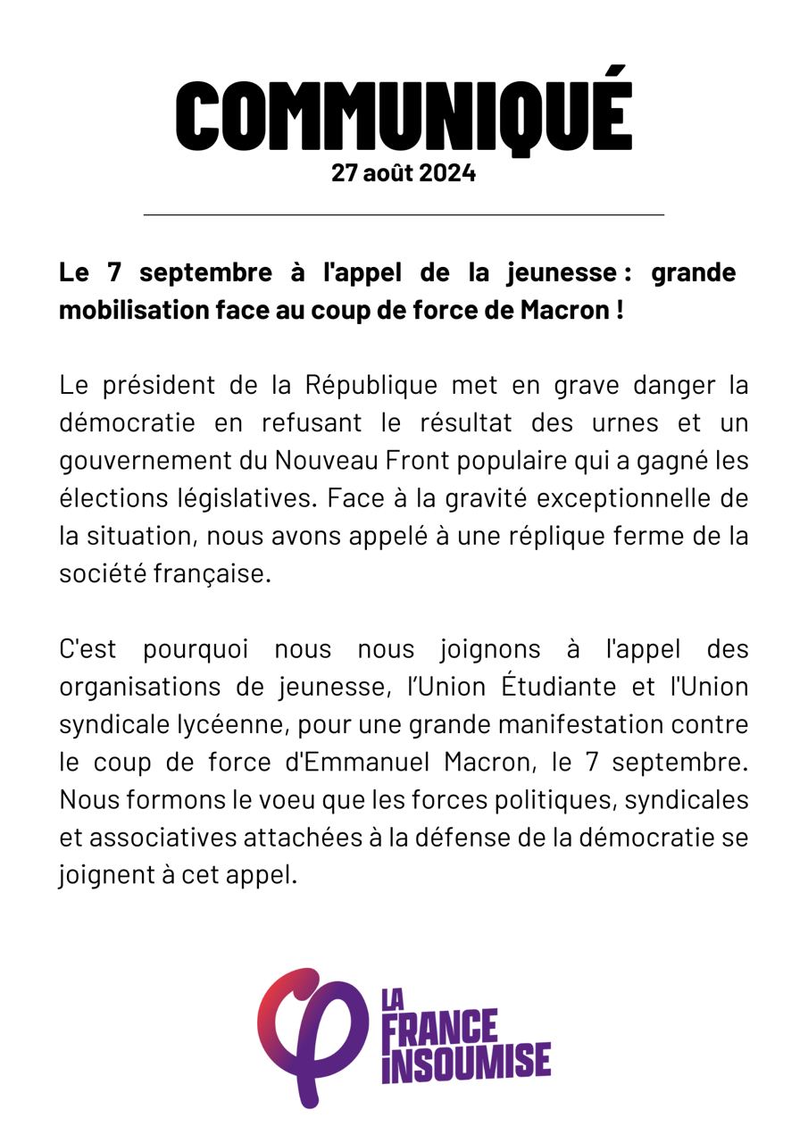 Communiqué: Le 7 septembre, grande mobilisation face au coup de force de Macron !