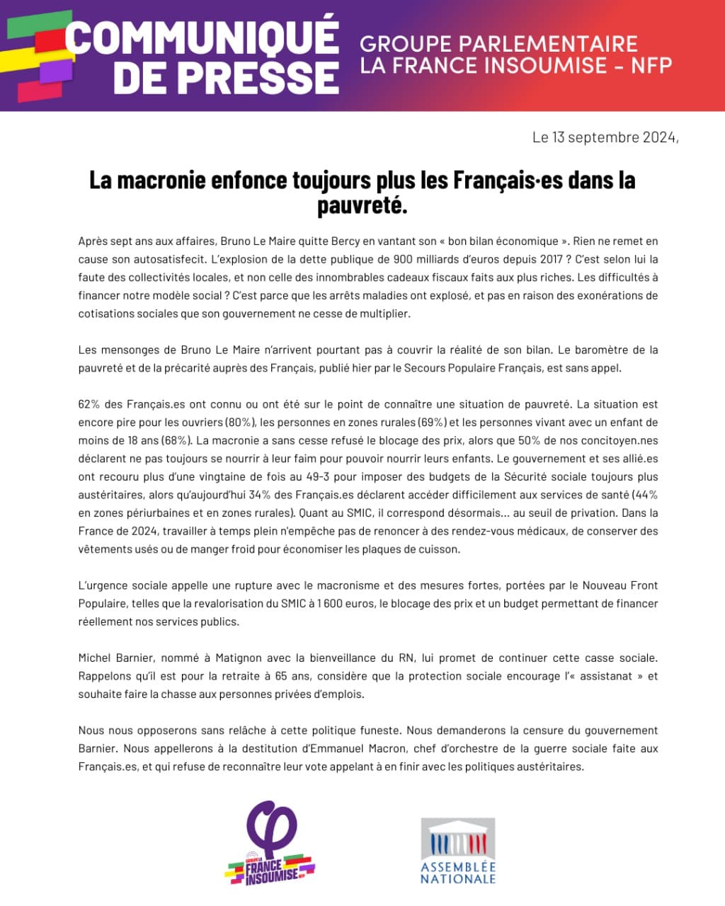 Communiqué: La macronie enfonce toujours plus les français dans la pauvreté.