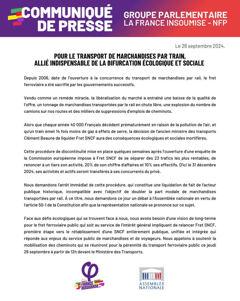 Communiqué: Pour le transport des marchandises par train