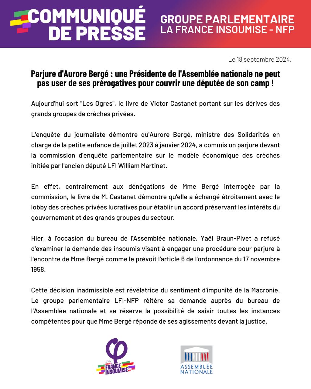 Communiqué: Aurore Bergé a commis un parjure devant la commission d&rsquo;enquête parlementaire!