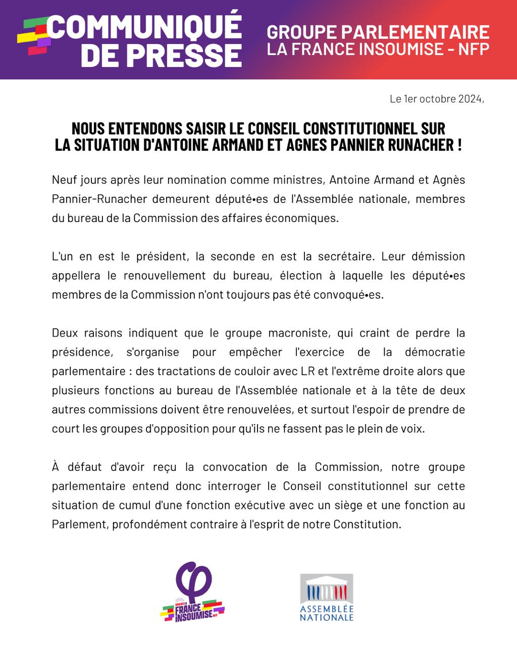 Communiqué: Antoine Armand et Agnès Pannier Runacher: nous saisissons le Conseil Constitutionnel