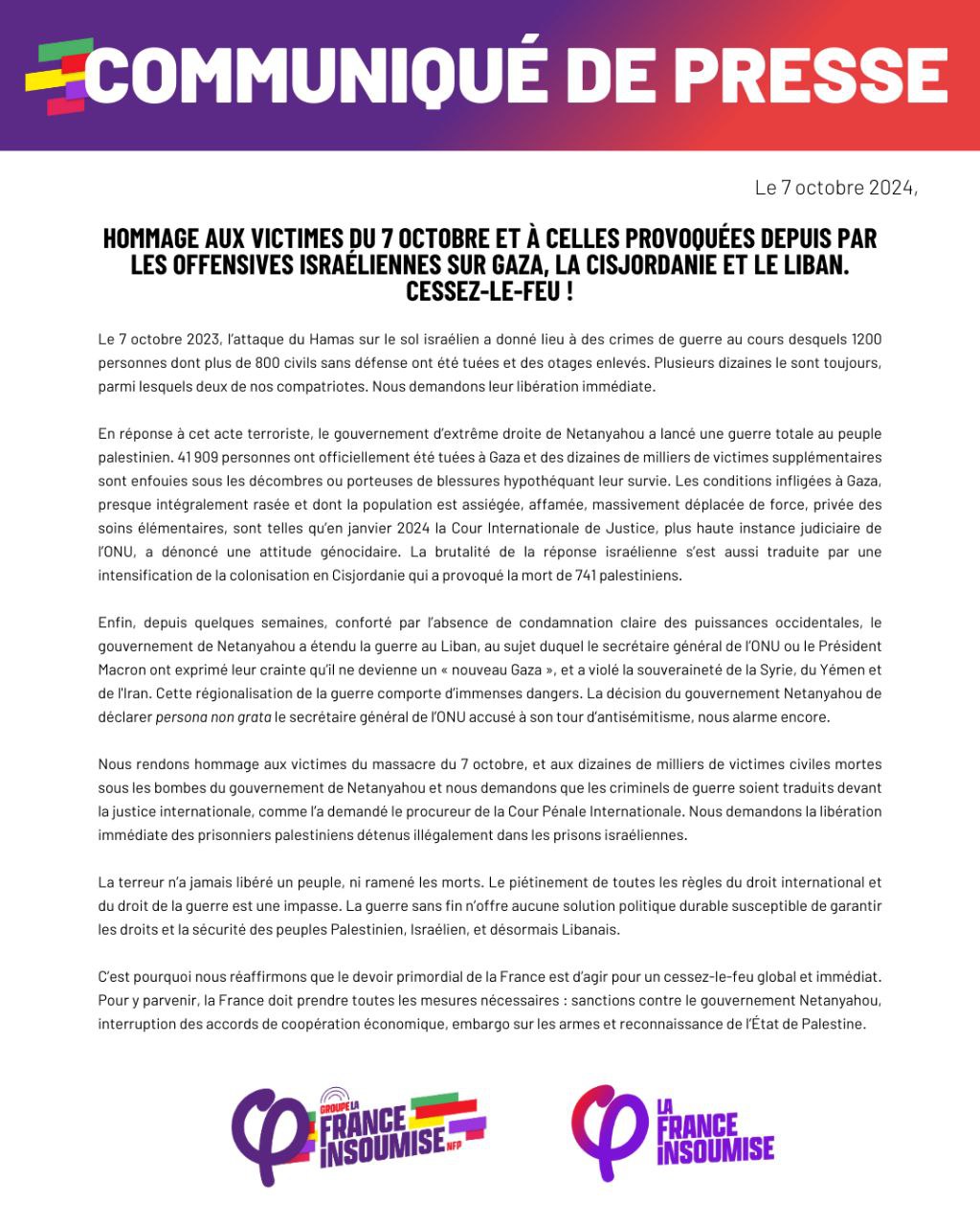 Communiqué: Hommage aux victimes du 7 octobre et à celles provoquées depuis par les offensives Israéliennes