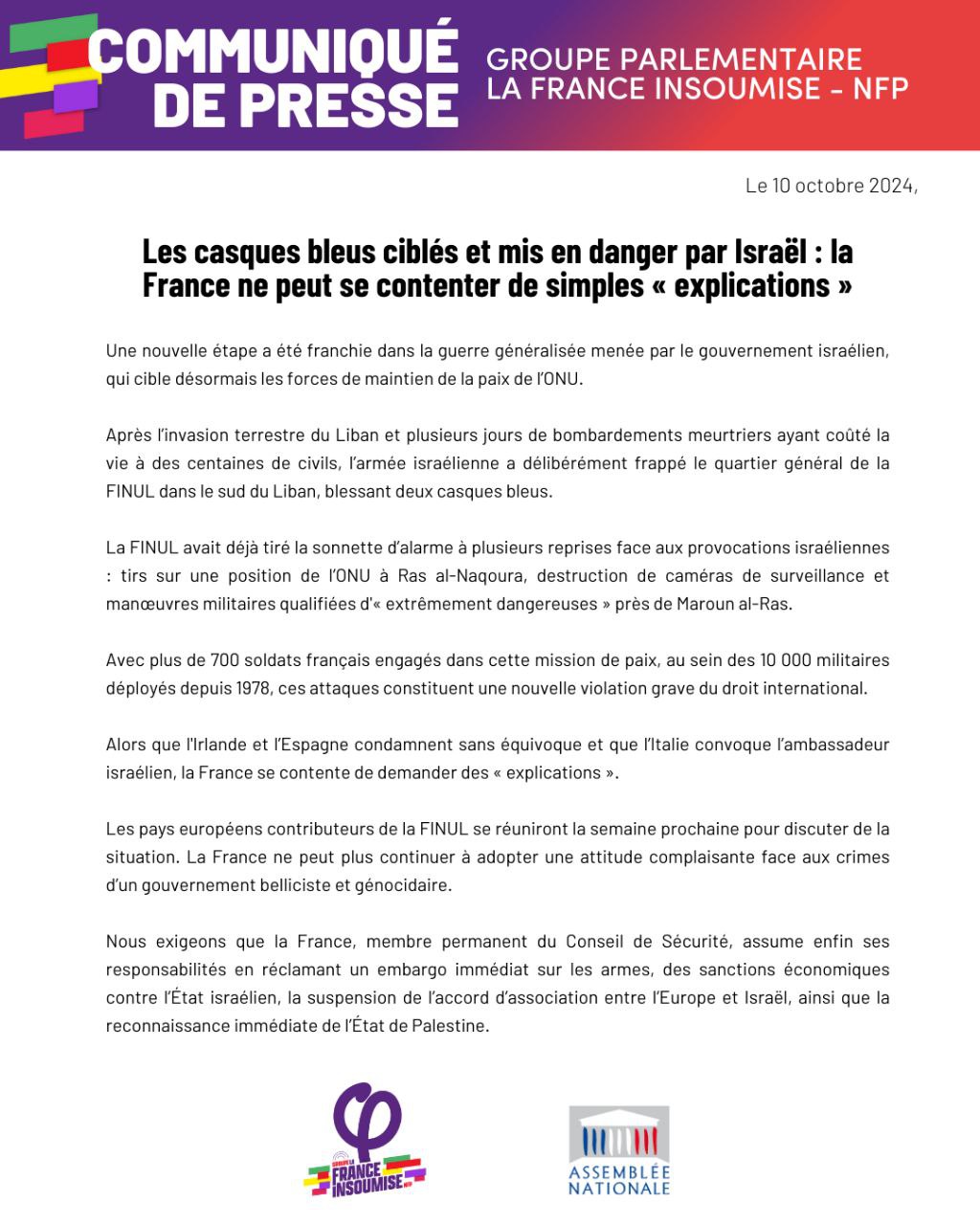Communiqué: Les casques bleus ciblés et mis en danger par Israël : la France ne peut se contenter de simples «explications».