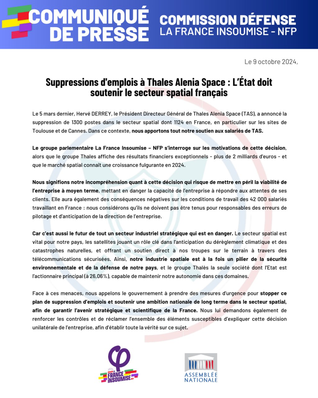 Communiqué: Suppression d’emplois à Thales Aliena Space
