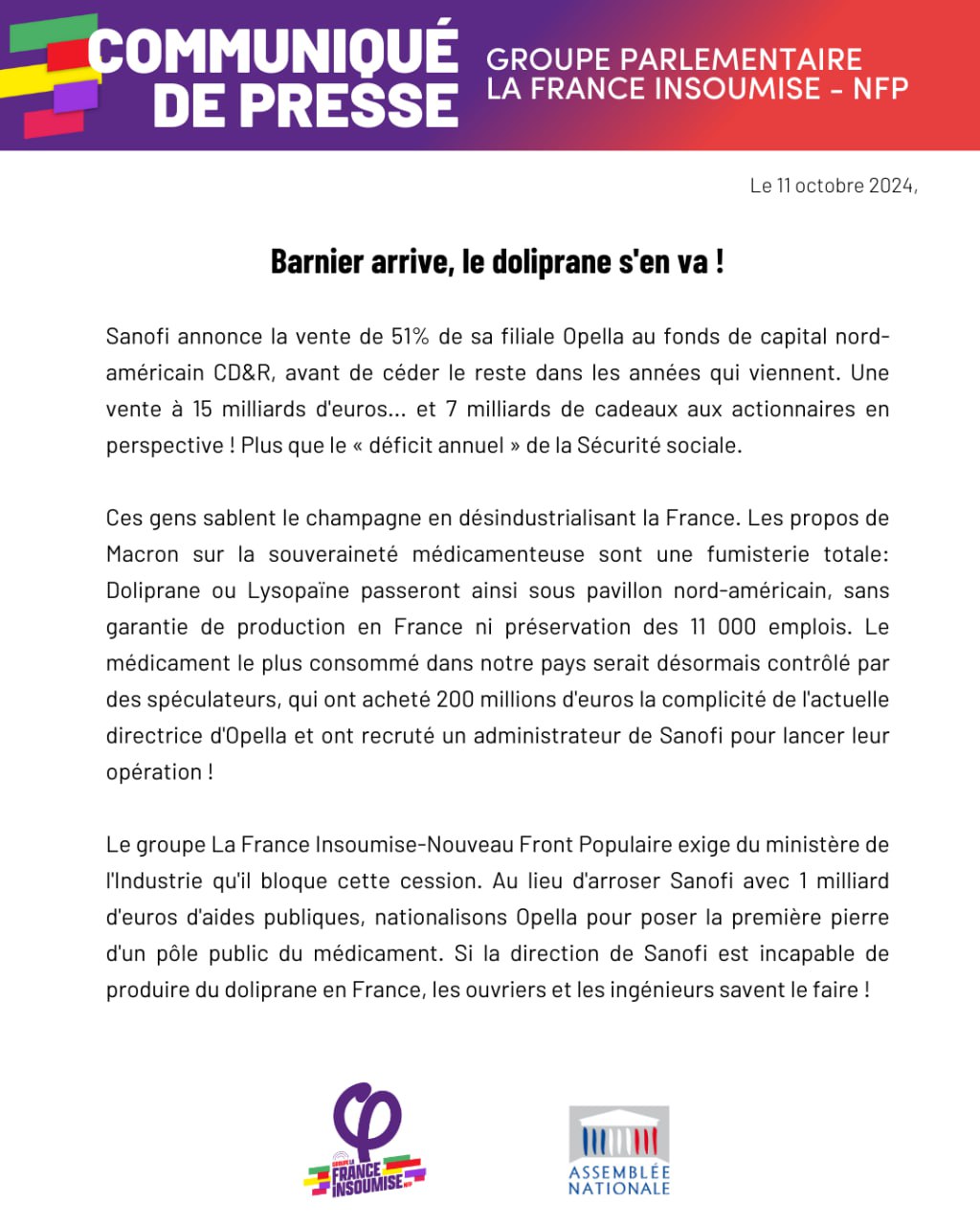 Communiqué: Barnier arrive, le doliprane s&rsquo;en va !