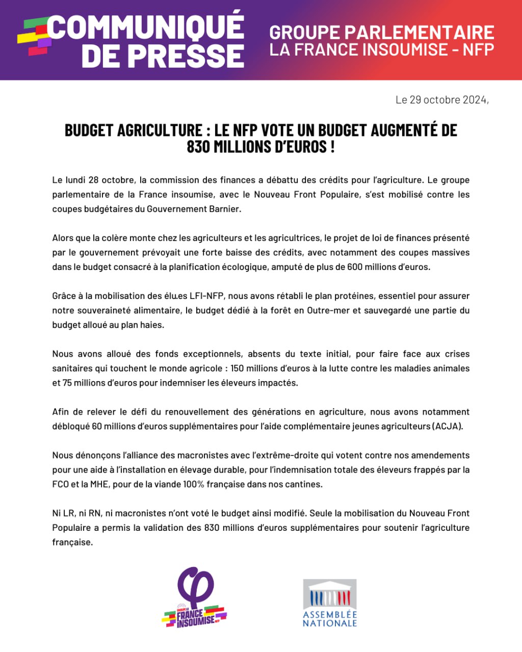 Communiqué: Budget: 830 millions d’euros de plus pour l&rsquo;agriculture!