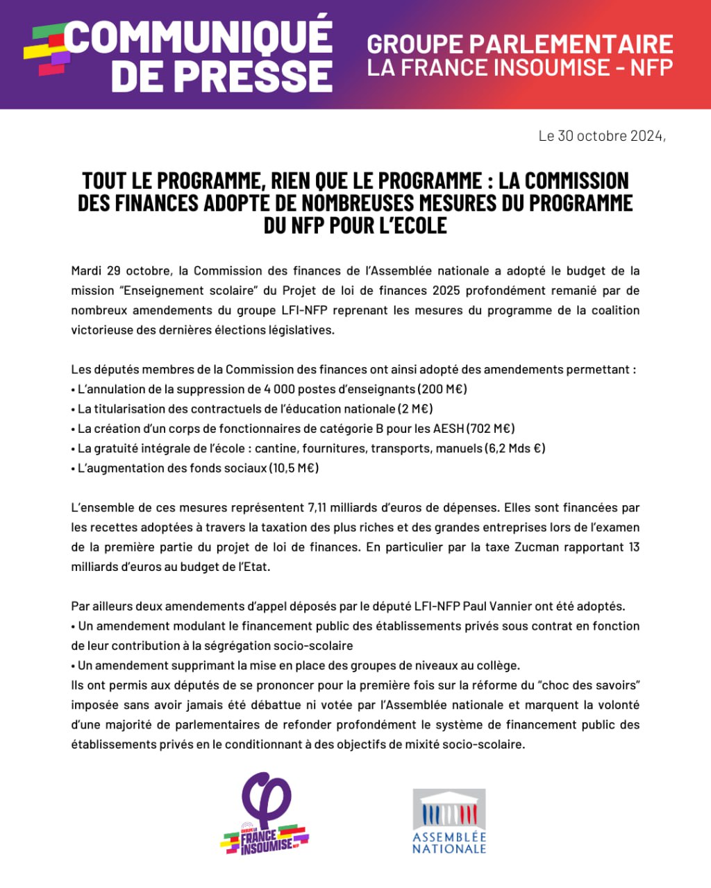 Communiqué: Budget: de nombreuses mesures du programme pour l&rsquo;école adoptées.
