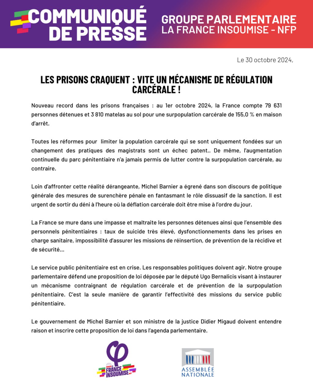 Communiqué: Les prisons craquent : vite un mécanisme de régulation carcérale !