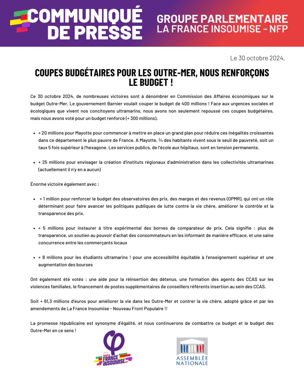 Communiqué: Coupes budgétaires pour les Outre-Mer, nous renforçons le budget !