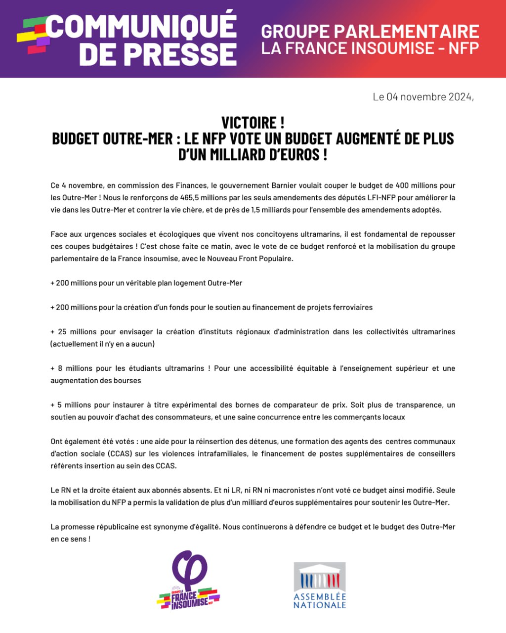 Communiqué: Victoire! Un milliard de plus sur le Budget Outre-mer.