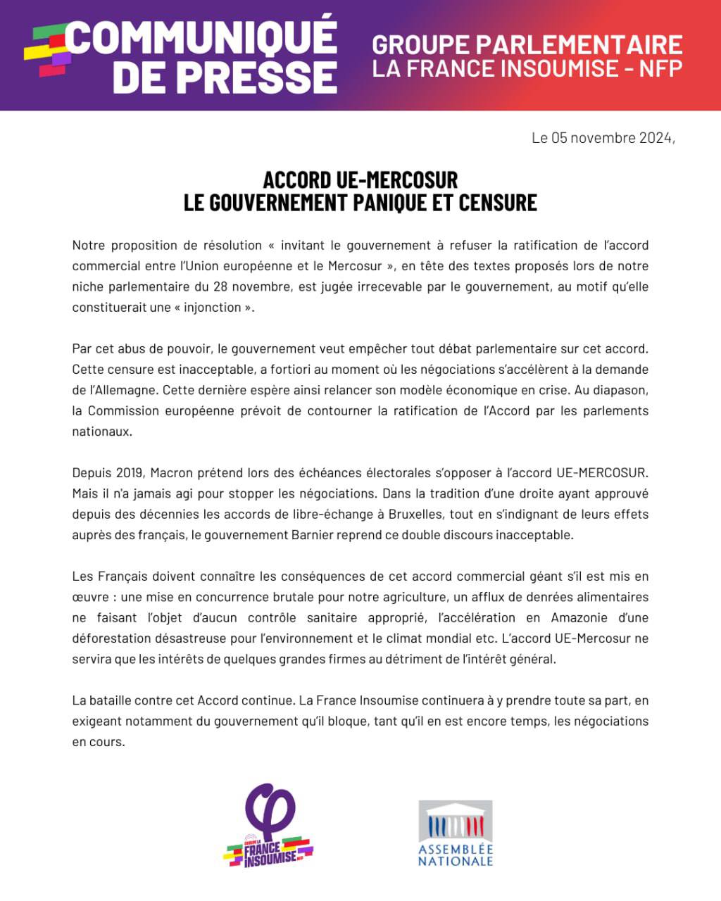 Communiqué: Accord Ue-Mercosur: le gouvernement panique et censure.