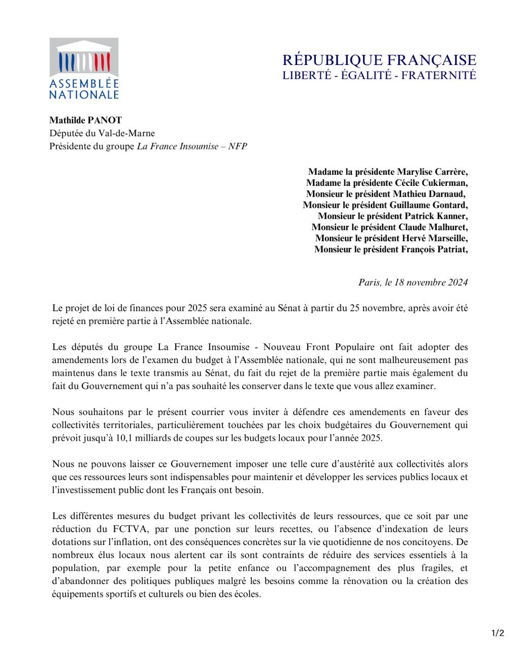 Communiqué: Nos amendements en faveur des collectivités territoriales