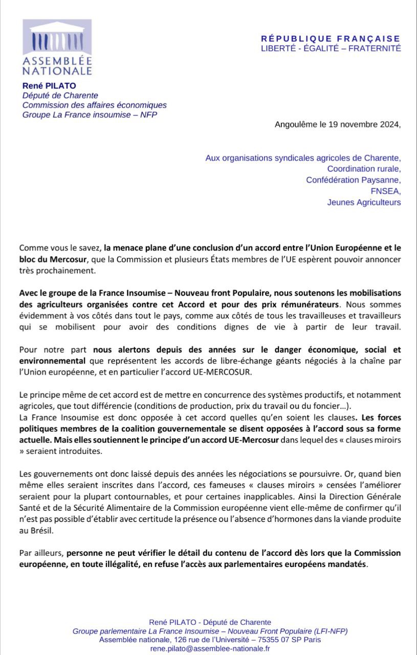 Mercosur: lettre aux organisations syndicales agricoles