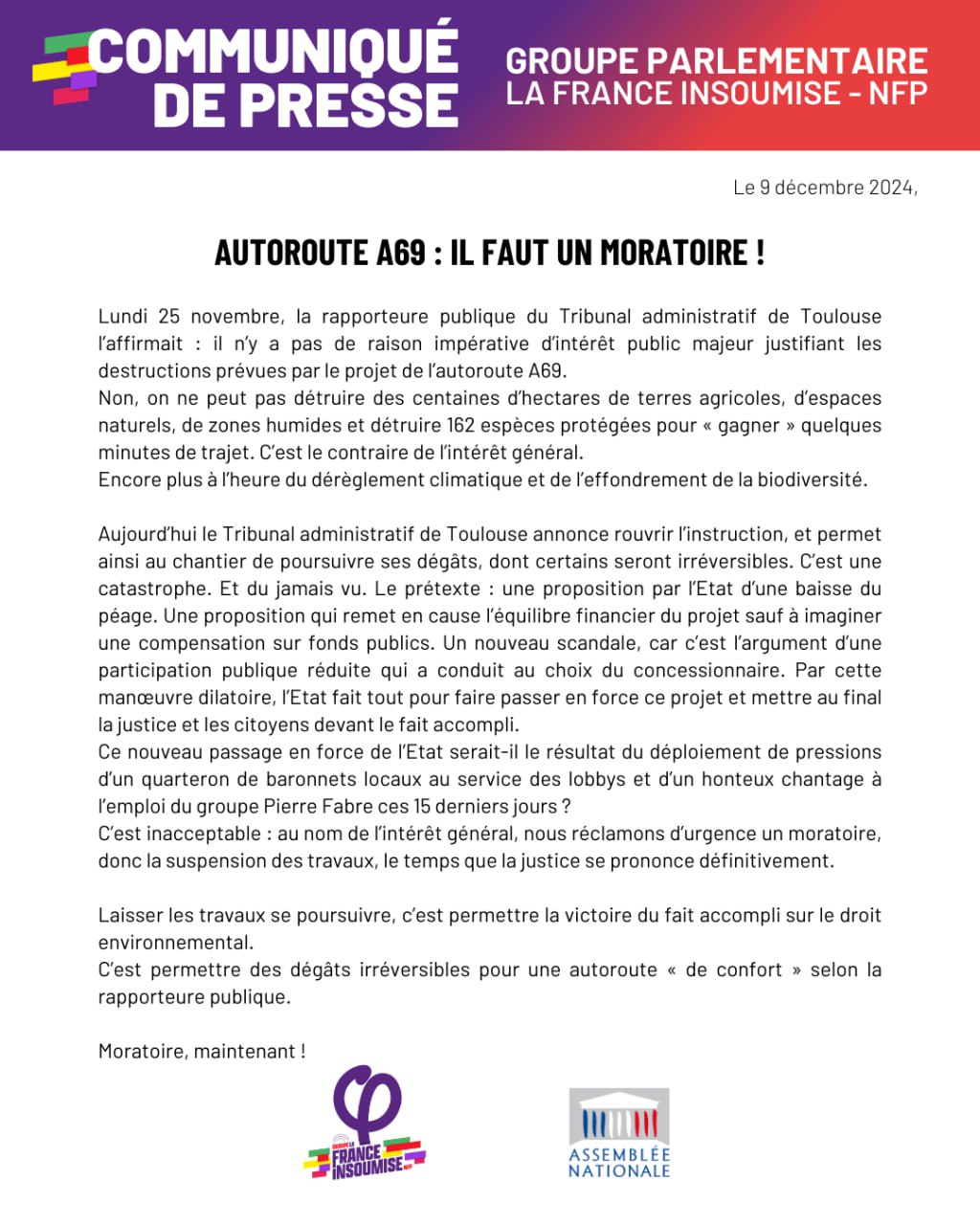 Communiqué: Autoroute A69: il faut un moratoire!