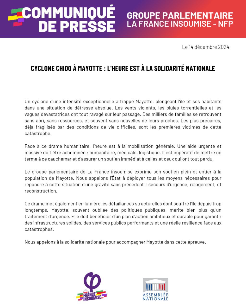 Communiqué: Cyclone Chido à Mayotte: l’heure est à la solidarité nationale.