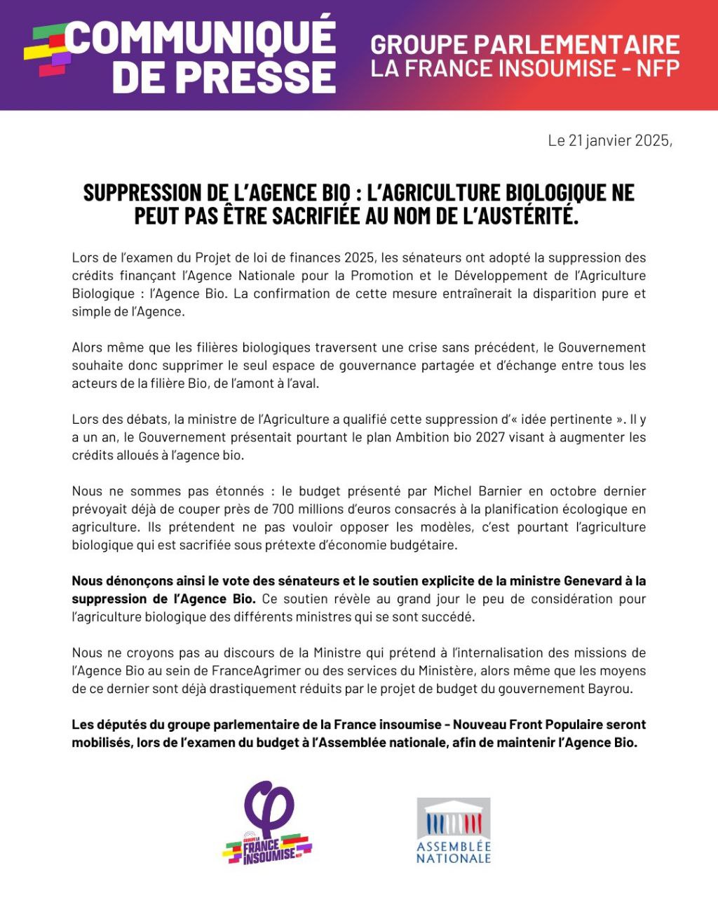 Communiqué: Non à la suppression de l&rsquo;Agence Bio.
