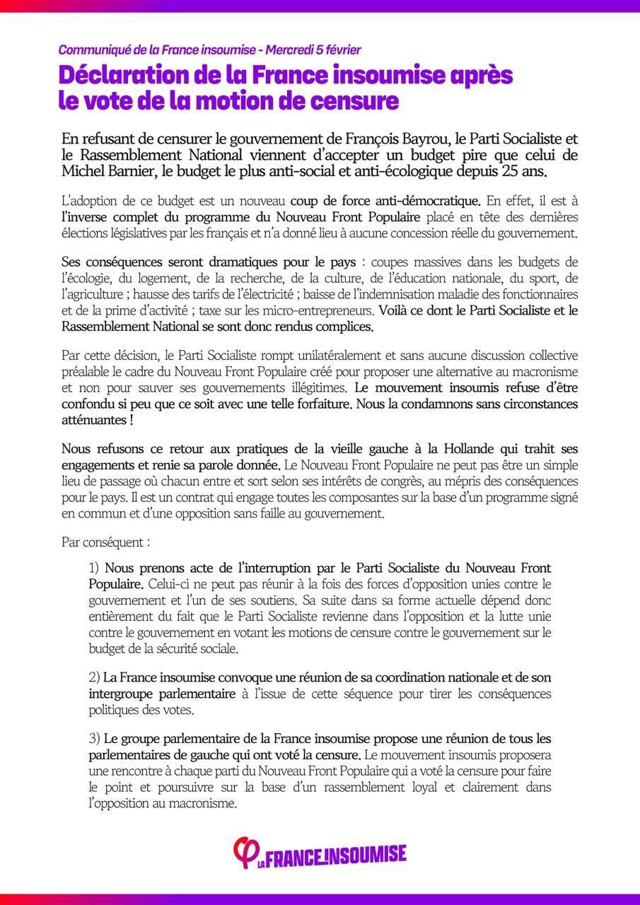 Communiqué: Après la motion de censure: la position de LFI