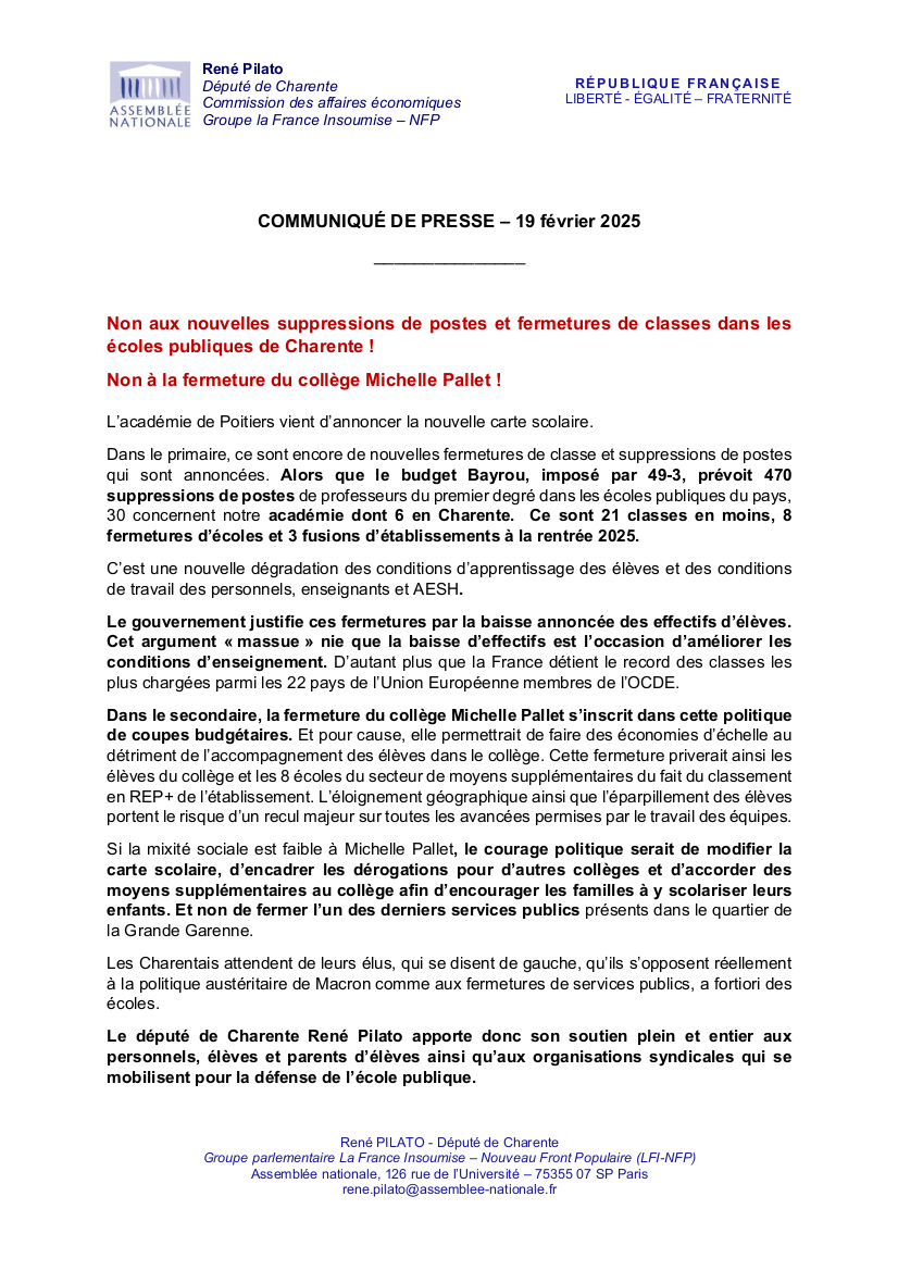 Communiqué: Non aux suppressions de postes et de classes en Charente! Non à la fermeture du collège Michelle Pallet!