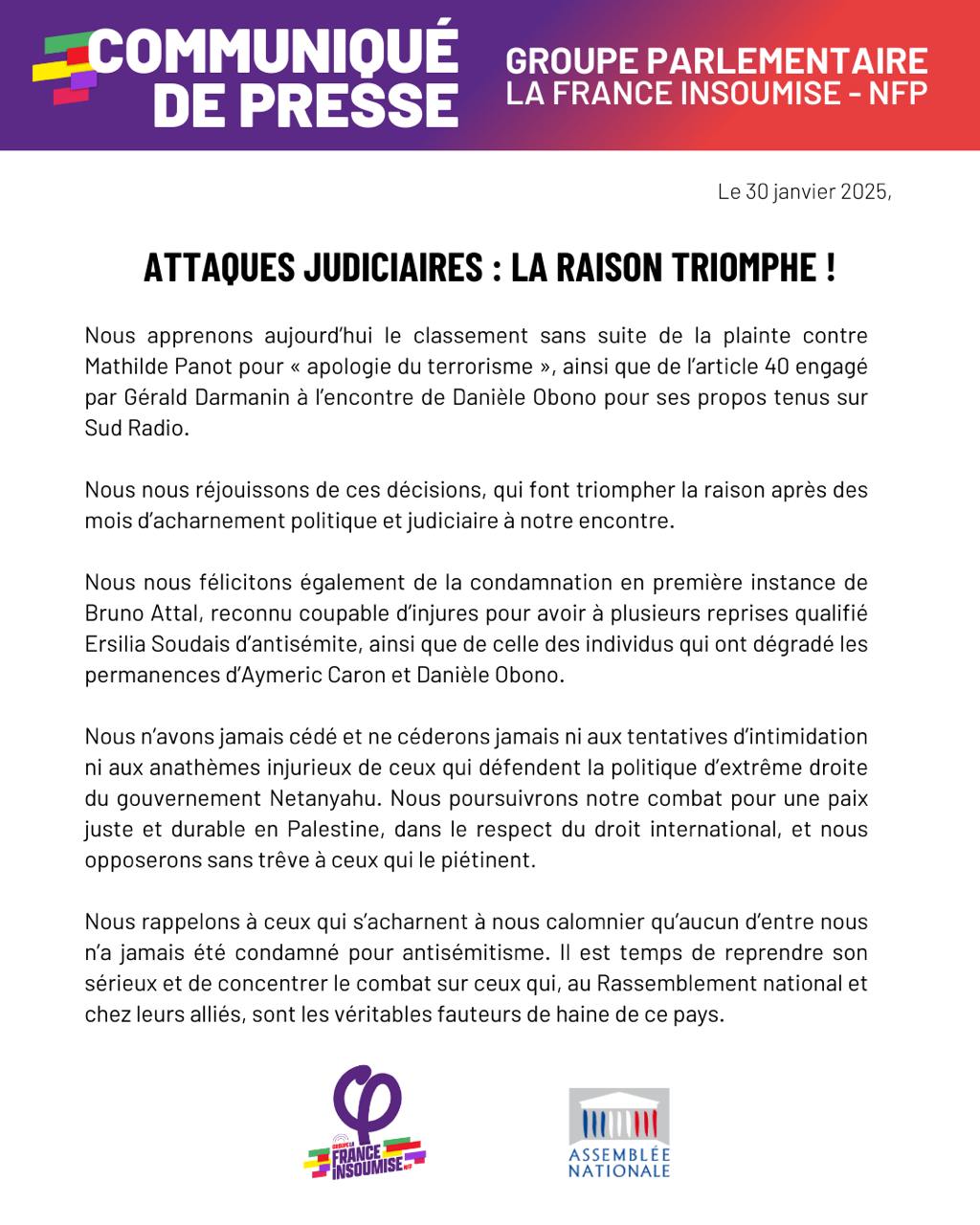 Communiqué: Attaques judiciaires: la raison triomphe!