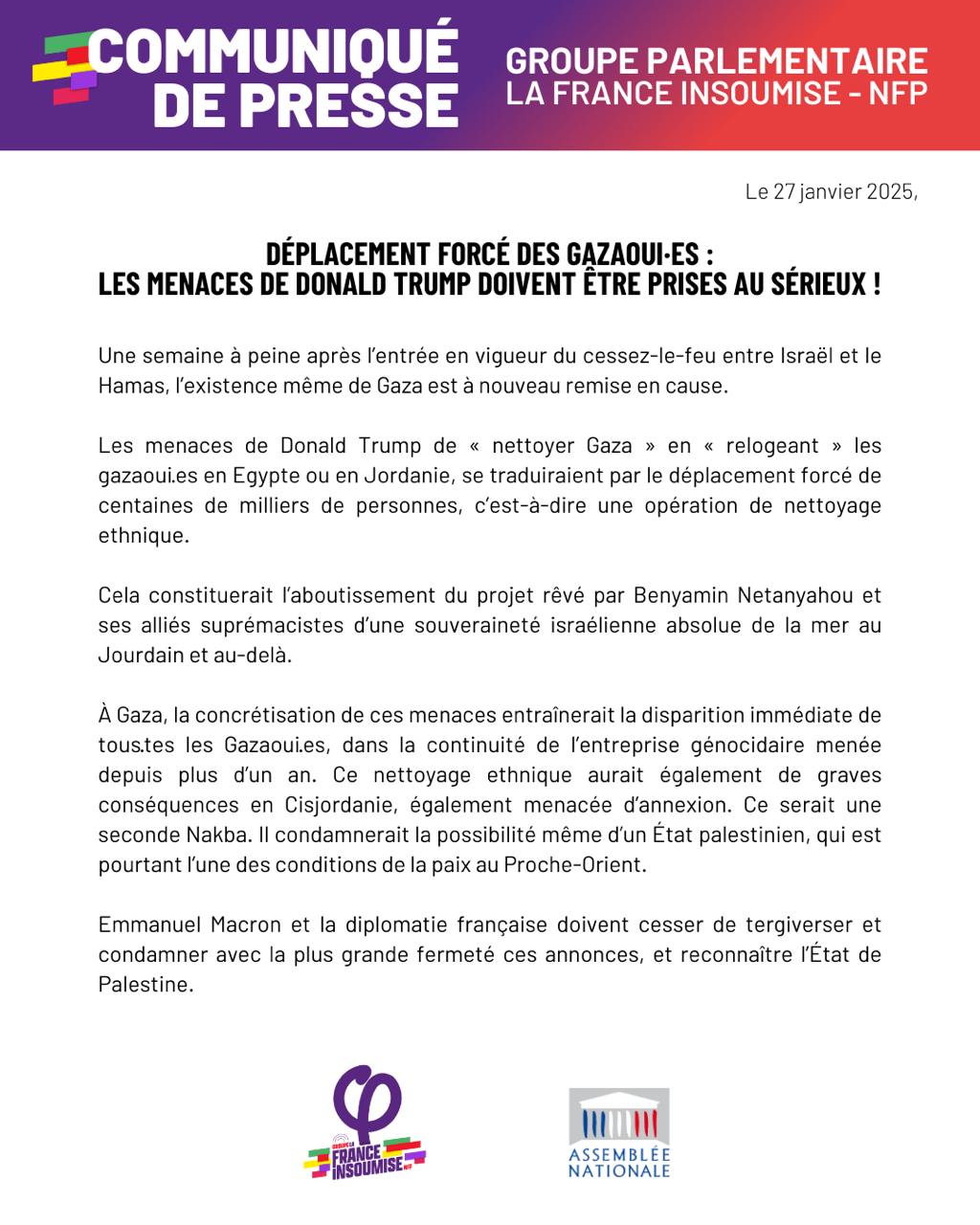 Communiqué: Déplacement forcé des Gazaoui·es : les menaces de Trump doivent être prises au sérieux !