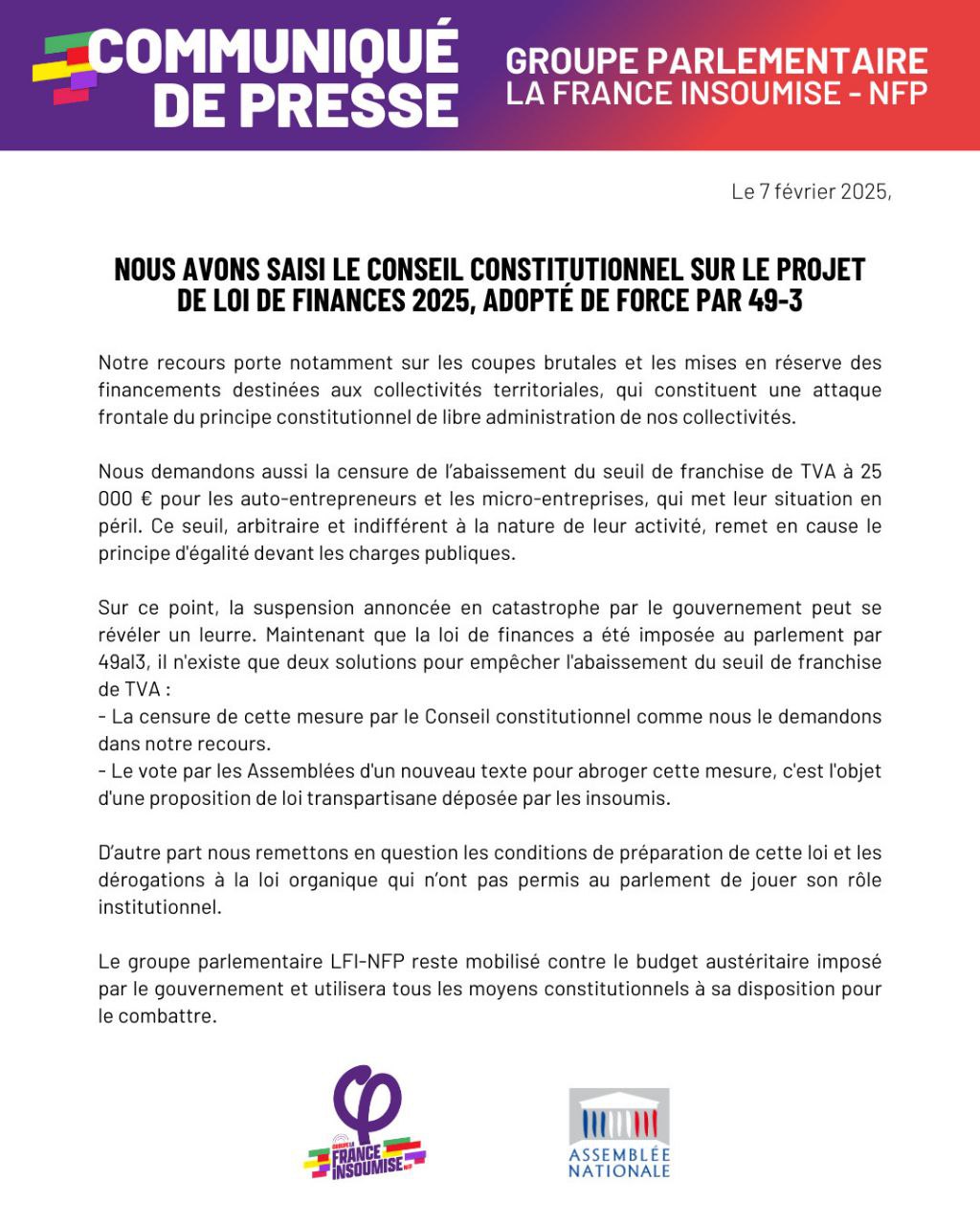 Communiqué: Budget adopté par 49-3: nous saisissons le conseil constitutionnel