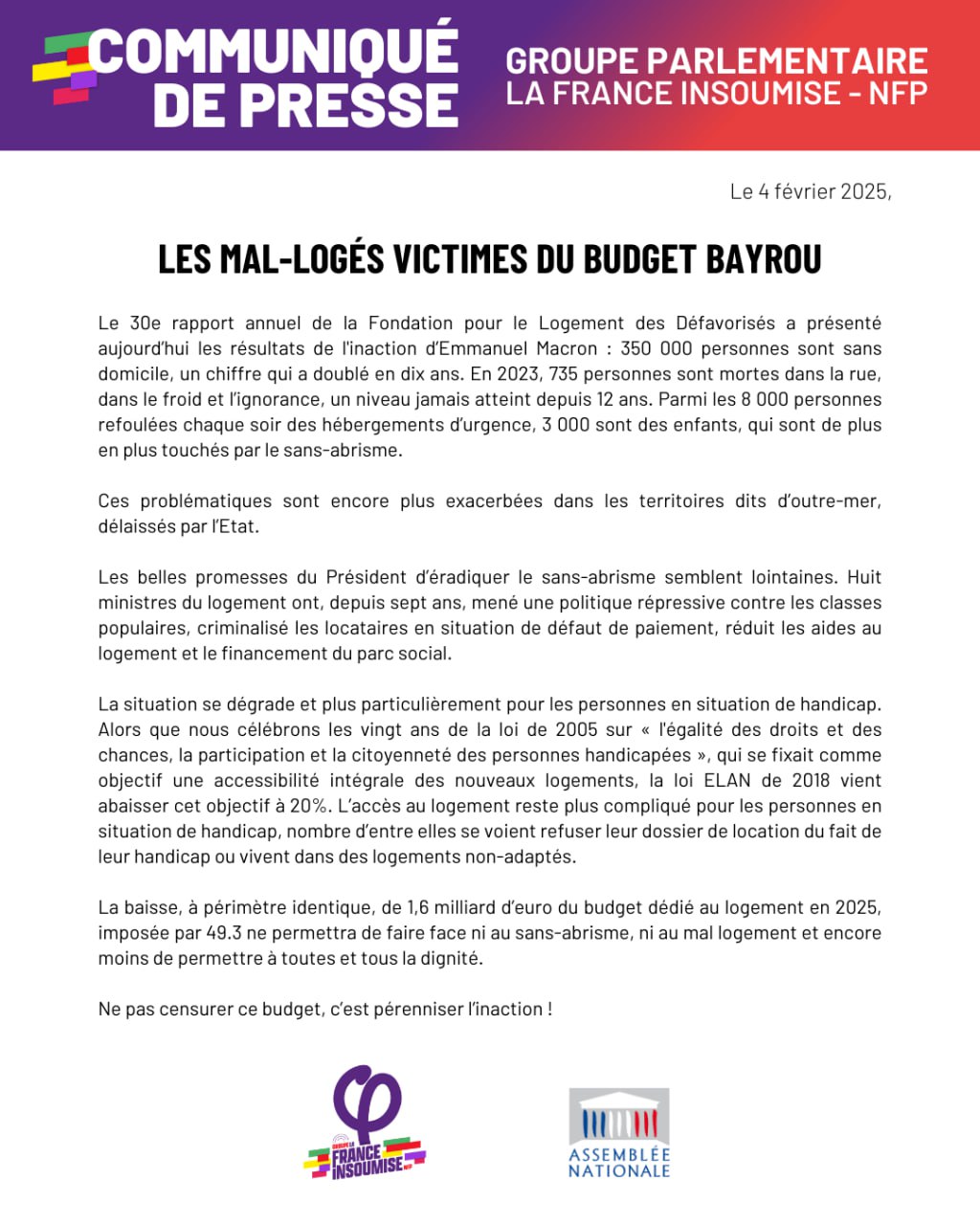Communiqué: Les mal-logés victimes du budget Bayrou
