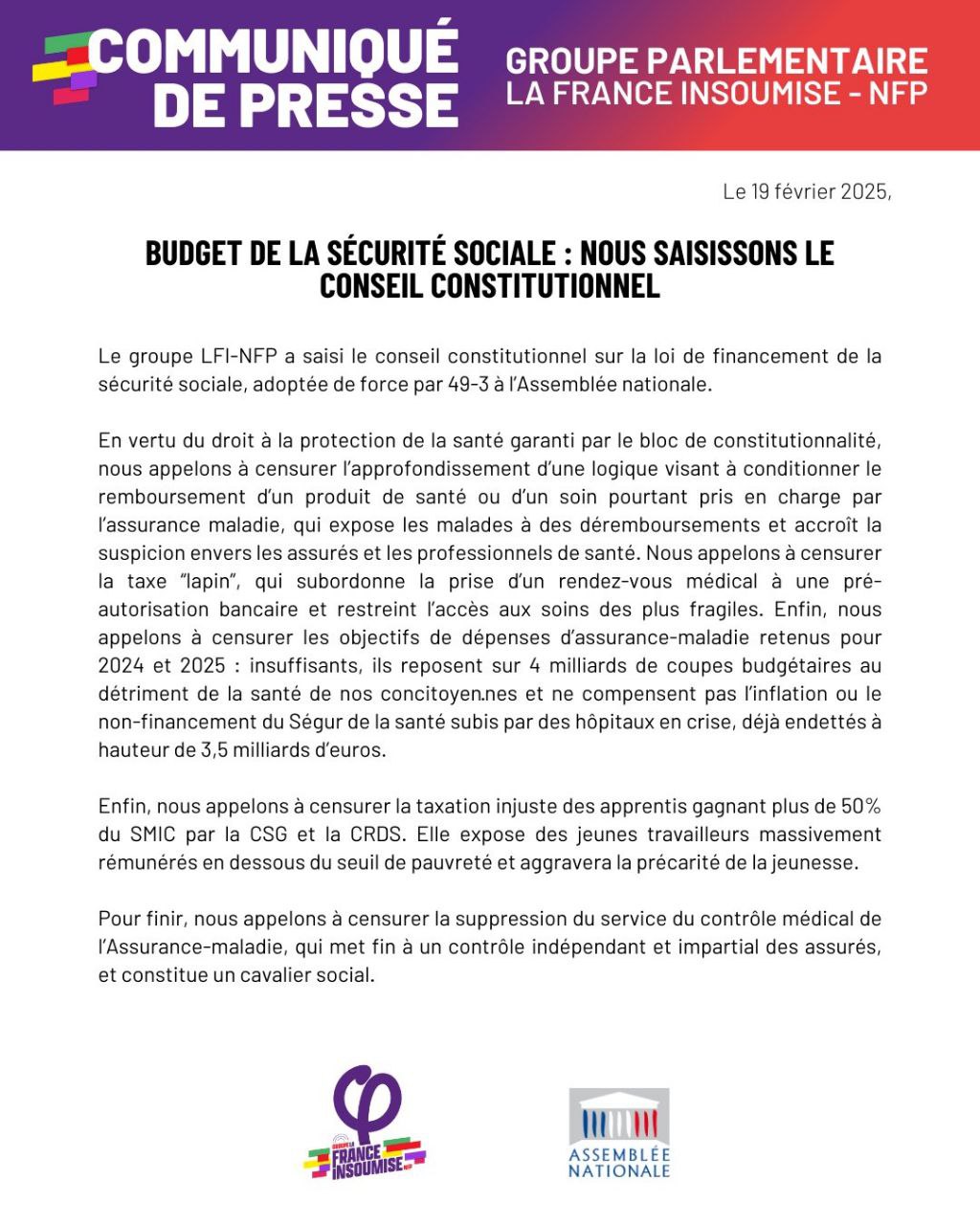 Communiqué: Budget de la sécurité sociale: nous saisissons le Conseil Constitutionnel