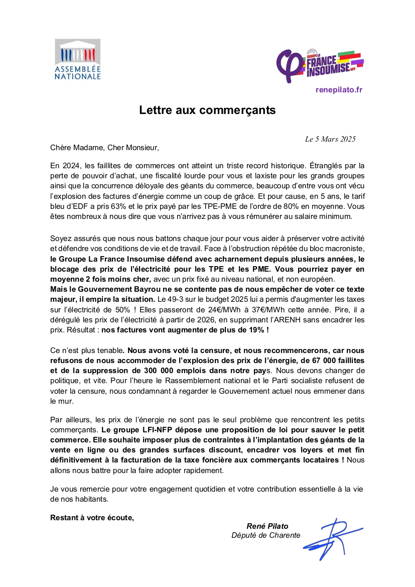 Lettre aux commerçants: Vos factures d&rsquo;électricité vont augmenter de plus de 19%!