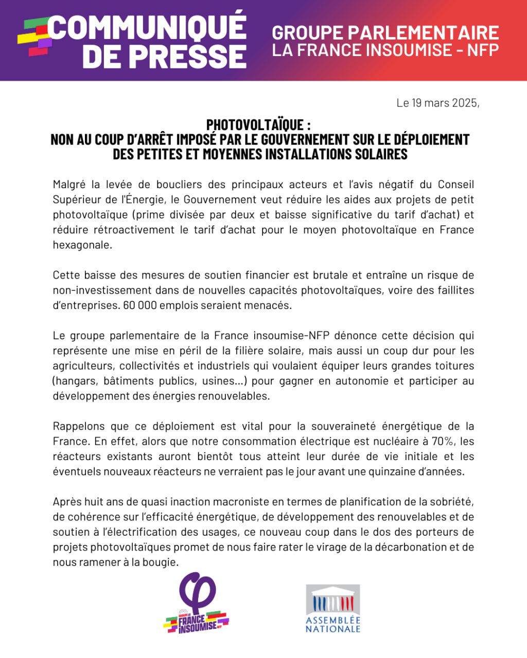 Communiqué: Photovoltaïque: Non au coup d’arrêt du Gouvernement !