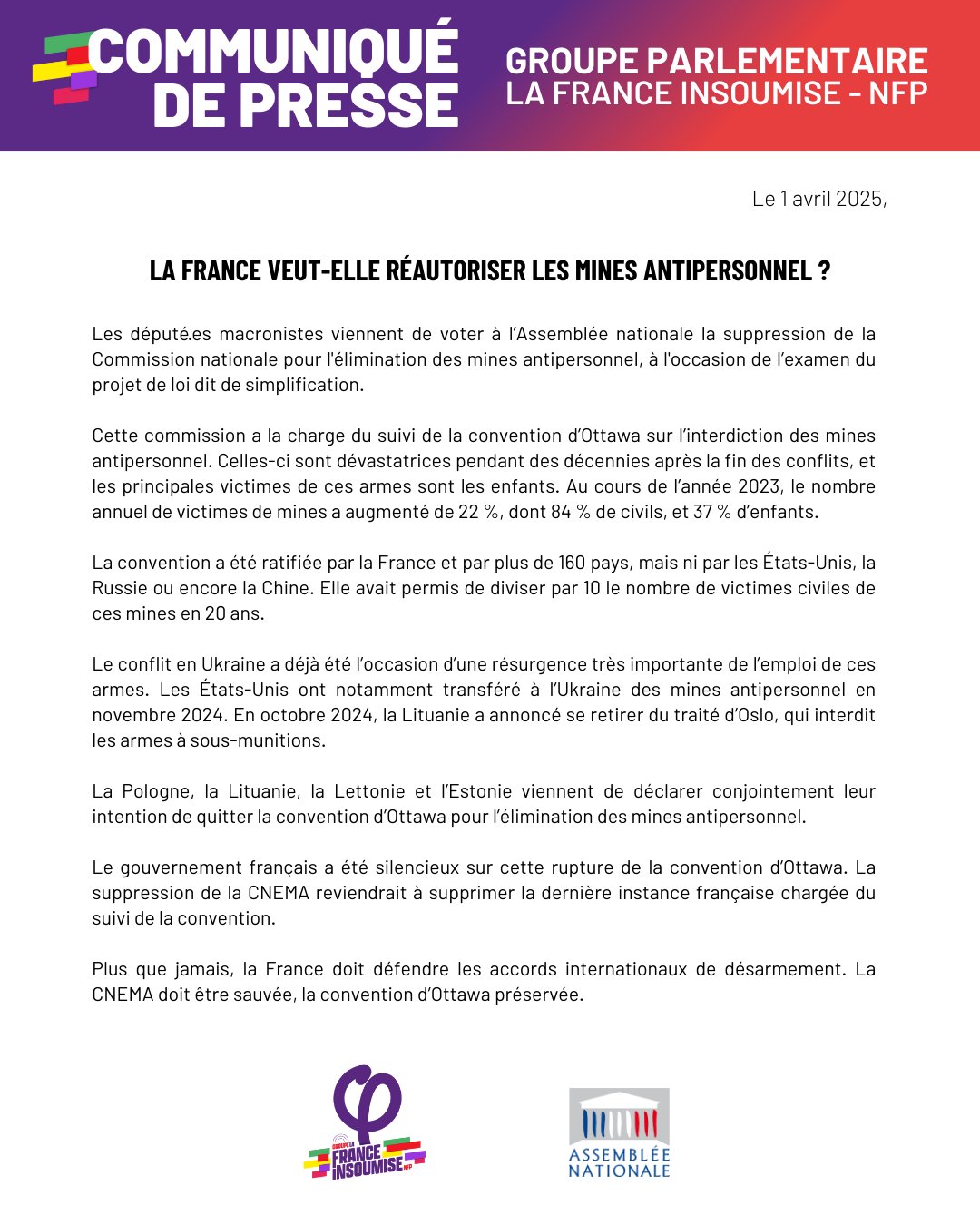 Communiqué: La France veut-elle réautoriser les mines antipersonnel?