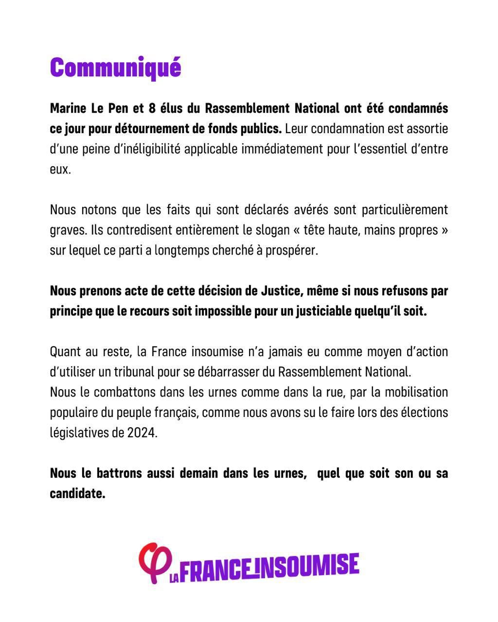 Communiqué: La condamnation de Marine Le Pen.