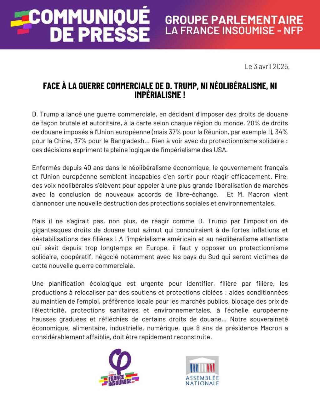 Communiqué: Guerre commerciale de Trump: ni néolibéralisme, ni impérialisme!