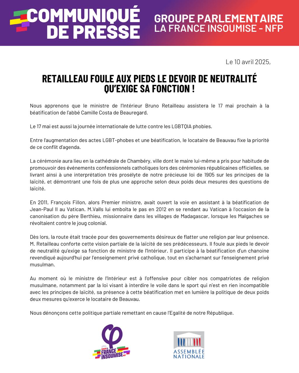 Communiqué: le devoir de neutralité de Retailleau.