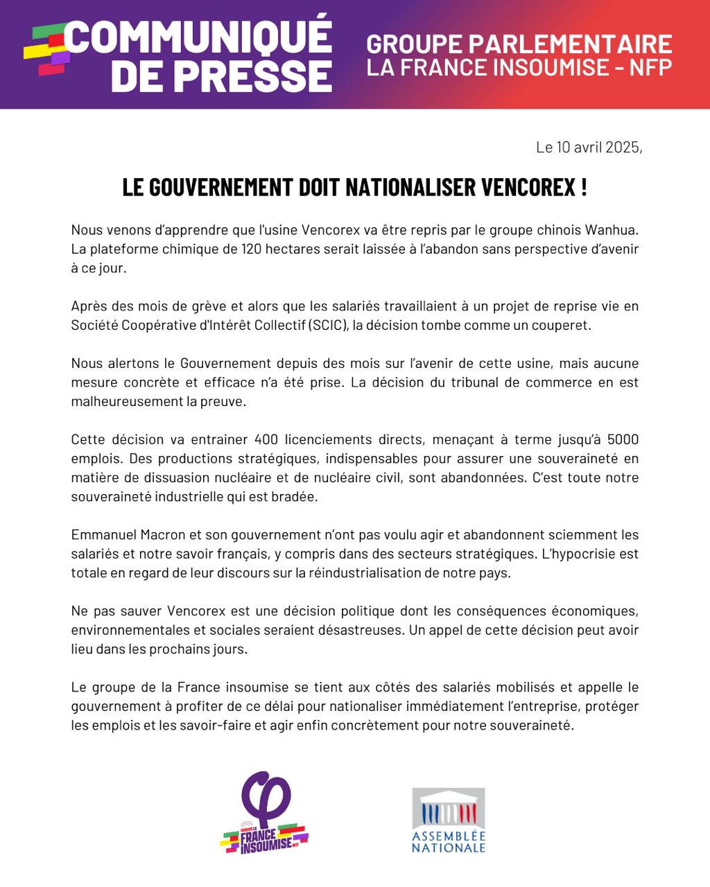 Communiqué: Le gouvernement doit privatiser Vencorex!