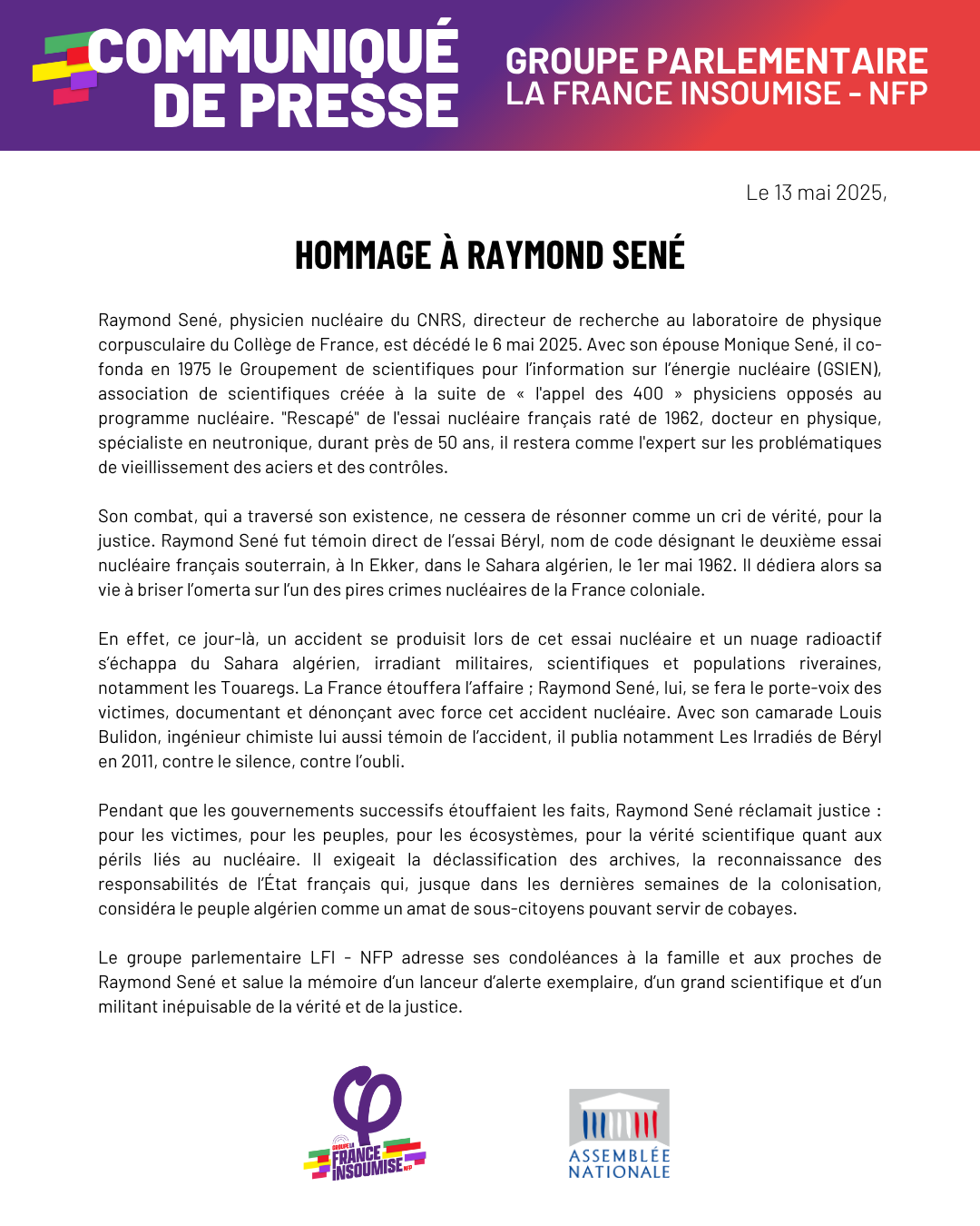 Communiqué: Hommage à Raymond Sené