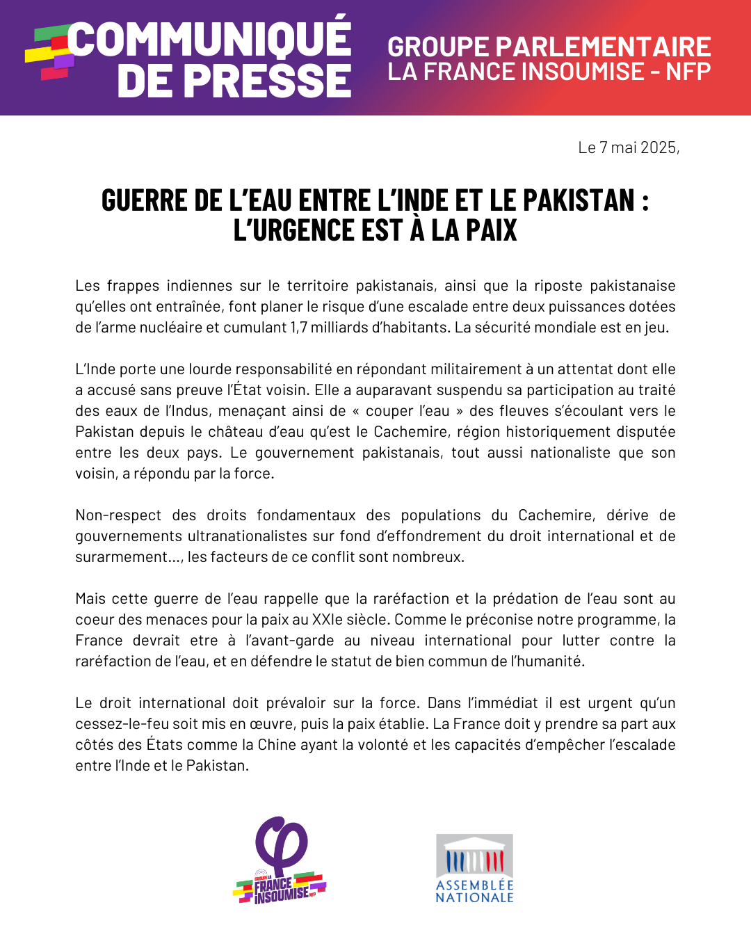 Communiqué: Guerre de l&rsquo;eau entre l&rsquo;Inde et le Pakistan.