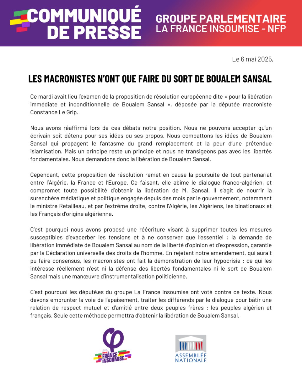 Communiqué: Les macronistes n&rsquo;ont que faire du sort de Boualem Sansal