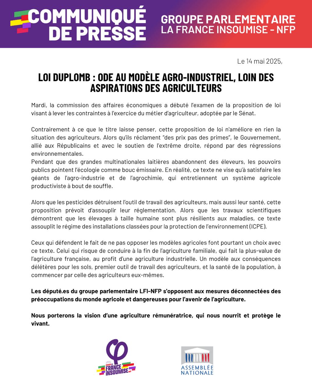 Communiqué: Loi Duplomb, ode au modèle agro-industriel
