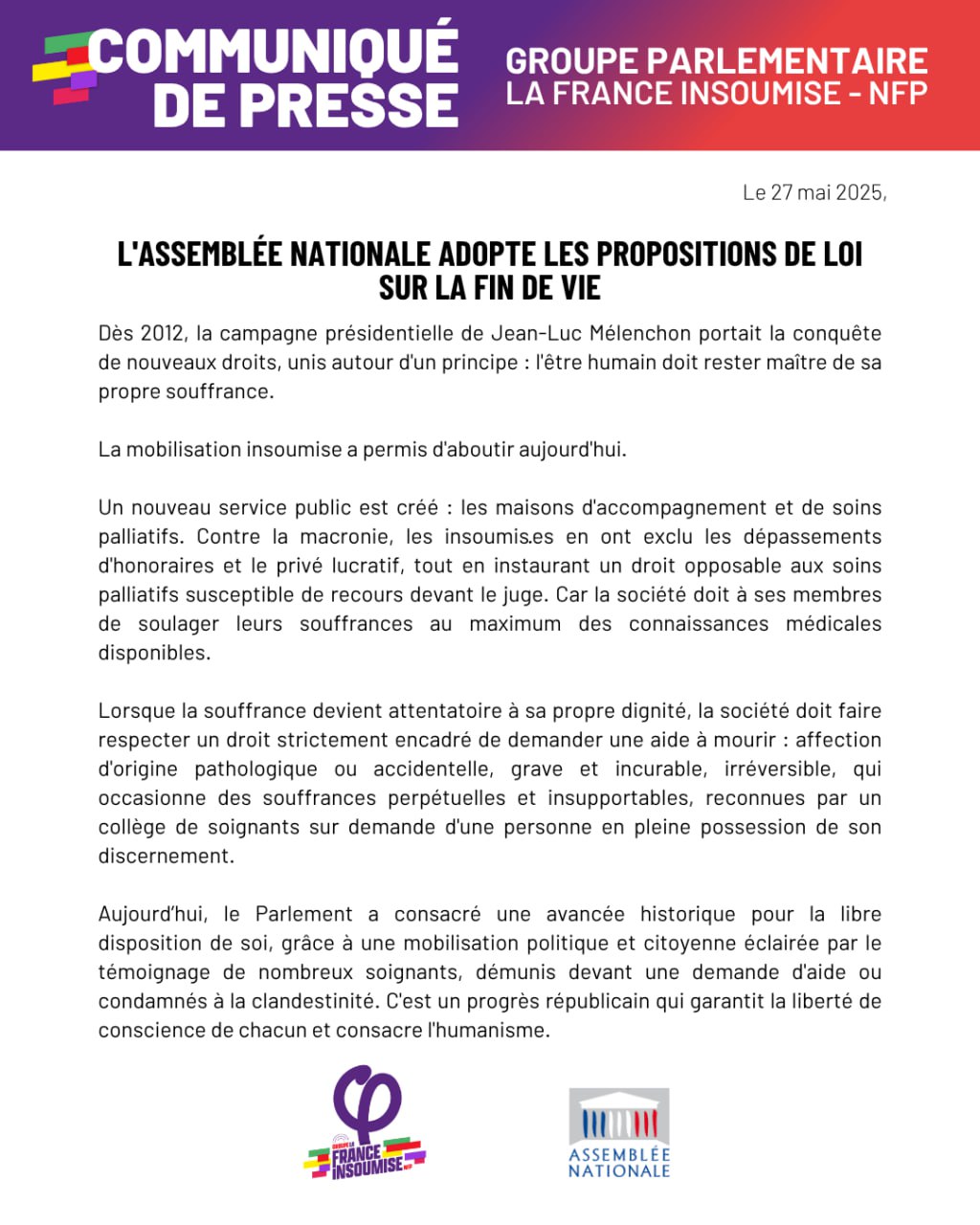 Communiqué: Les propositions de loi Fin de vie adoptées à l&rsquo;Assemblée