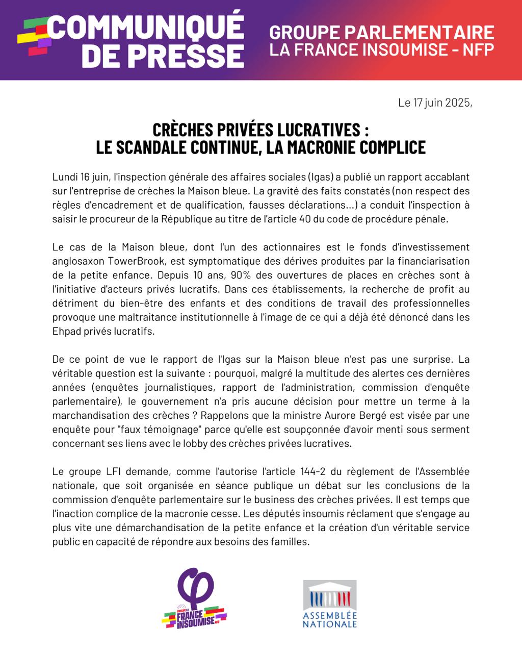 Communiqué: Le scandale des crèches privées continue.