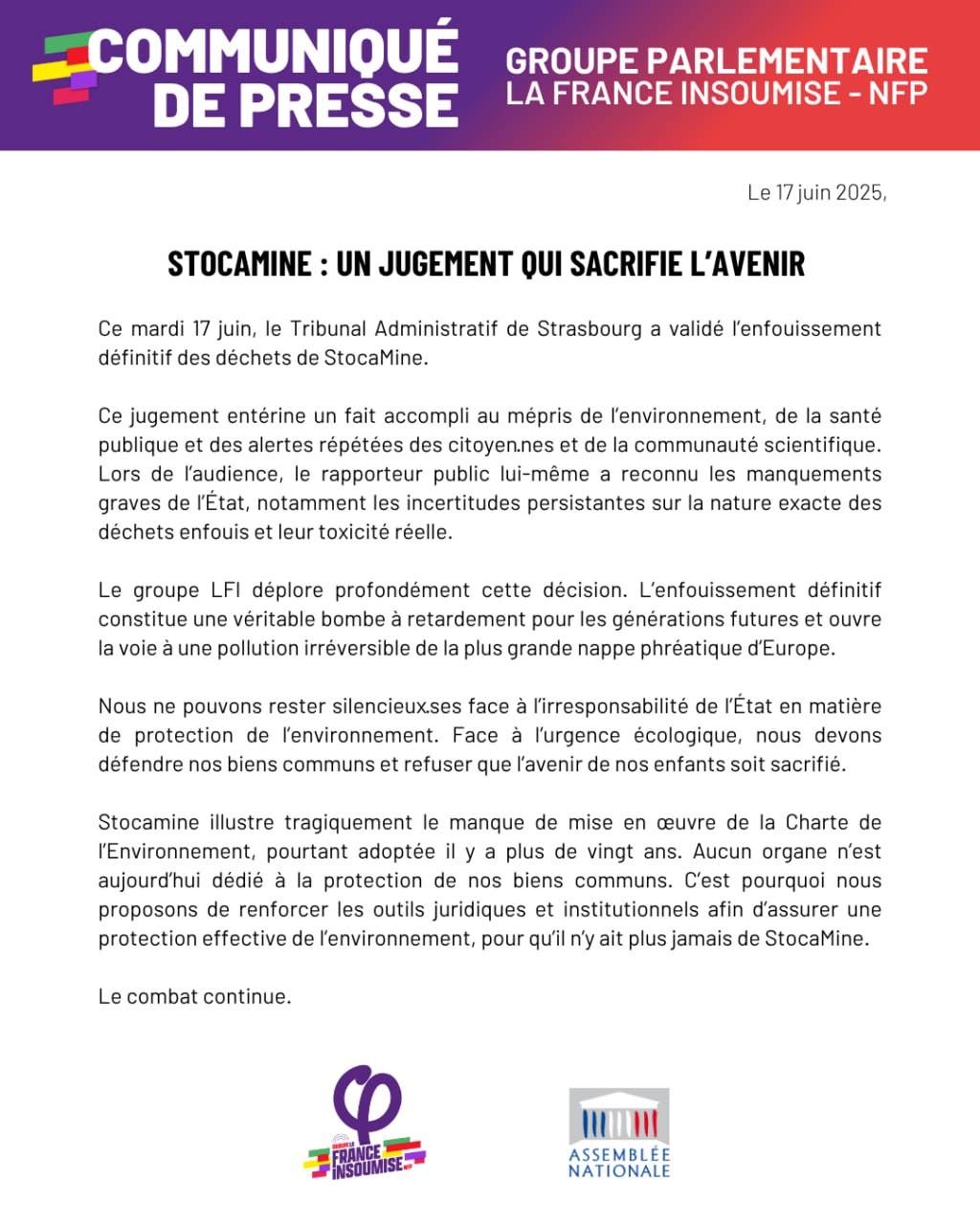 Communiqué: Stocamine: un jugement qui sacrifie l&rsquo;avenir.