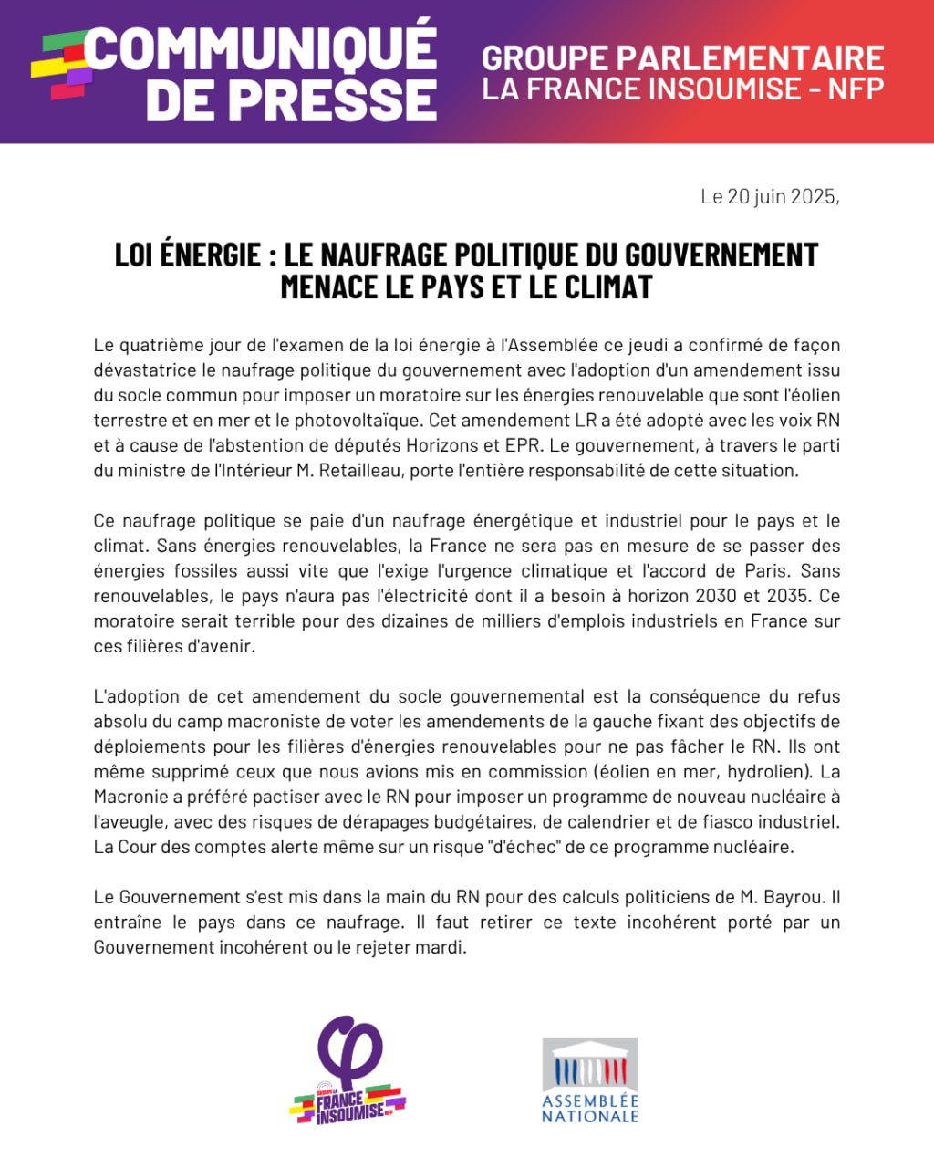 Communiqué: Naufrage politique du gouvernement sur la loi énergie.