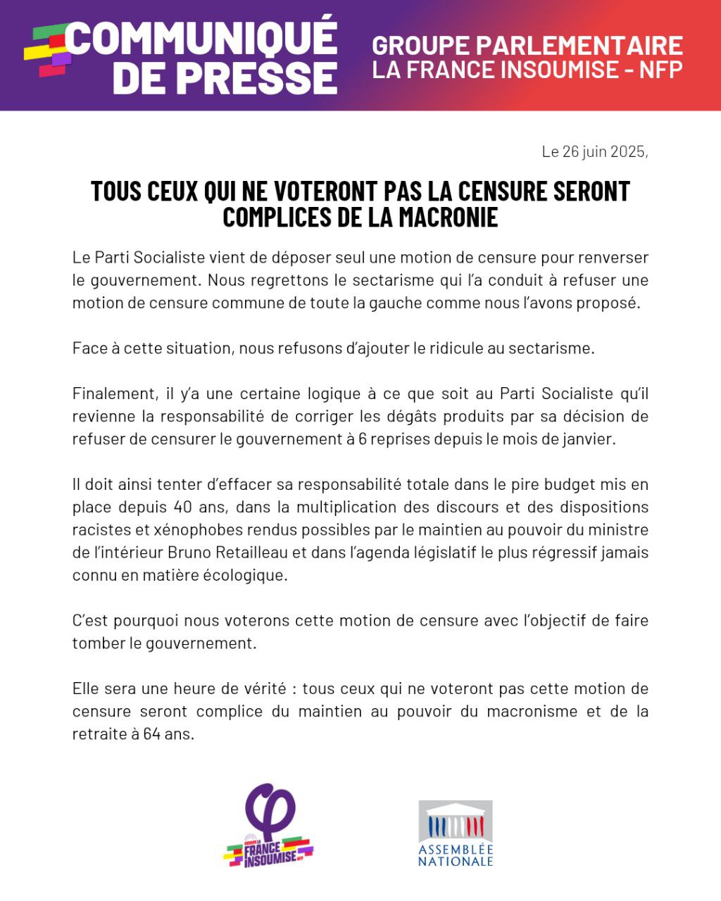Communiqué: Tous ceux qui ne voteront pas la censure seront complices de la macronie