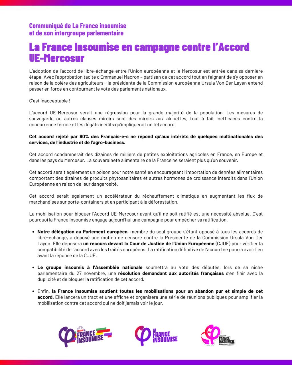 LFI en campagne contre l&rsquo;accord UE-Mercosur