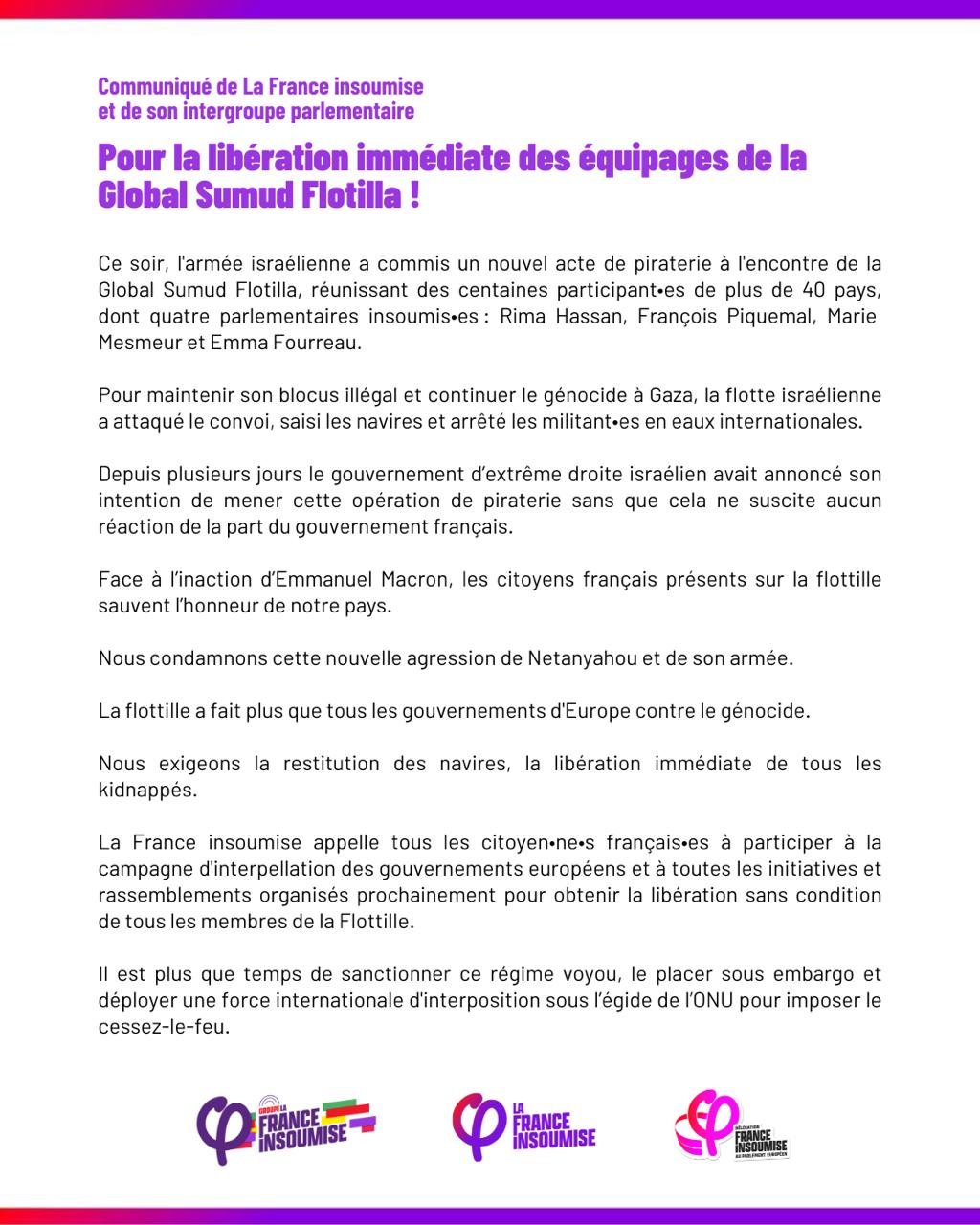 Libérez les équipages de la Global Sumud Flotilla!