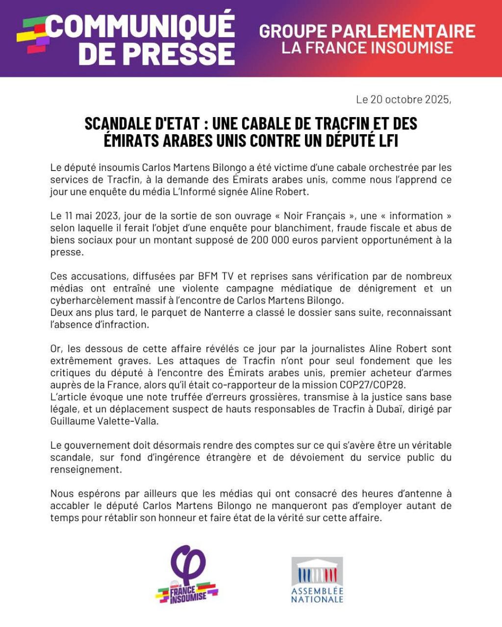 Cabale de Tracfin et des Emirats Arabes unis contre un député LFI
