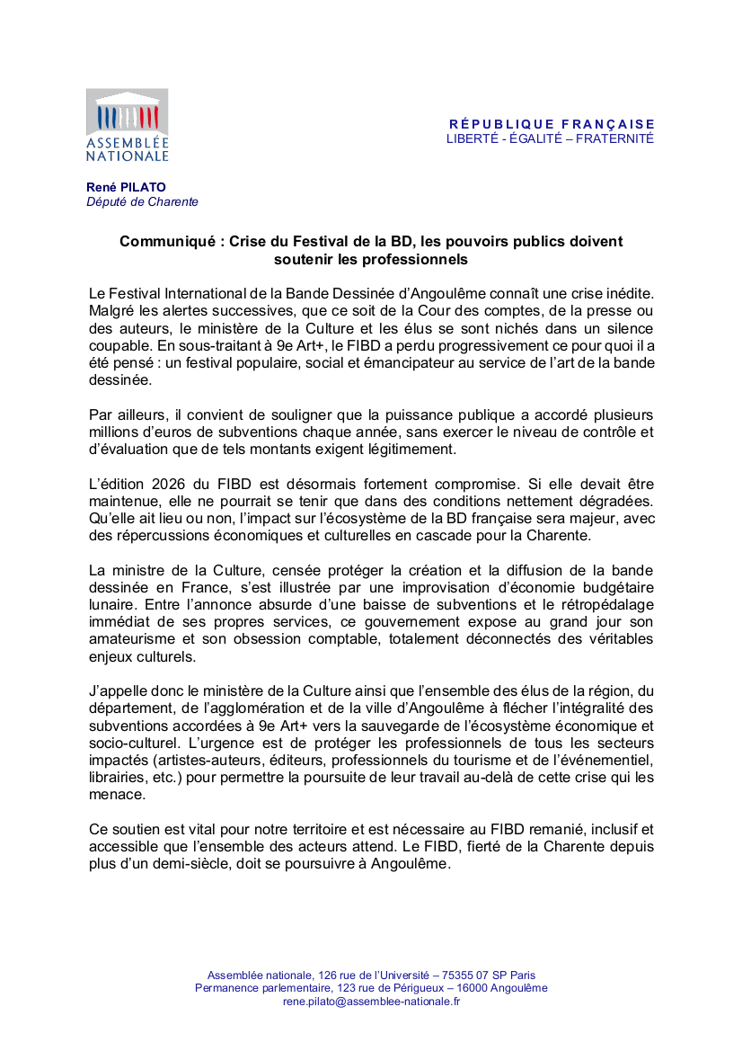 Crise du Festival de la BD: les pouvoirs publics doivent soutenir les professionnels